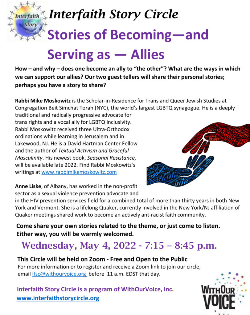 Stories of Becoming — and Serving as — Allies, May 4, 2022,  7:15 – 8:45 p.m.