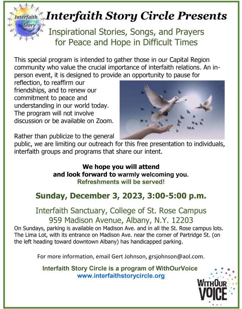 Inspirational Stories, Songs, and Prayers    for Peace and Hope in Difficult Times, December 3, 2023,  3:00 – 5:00 p.m.